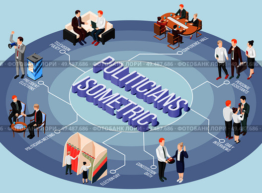 Politicians during constitution oath tv program and interview isometric flowchart on gray round background vector illustration. Стоковая иллюстрация, агентство Ingram Publishing / Фотобанк Лори