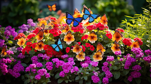 pollinators butterfly flower bed ai generated. Стоковое AI-изображение, AI-художник Vectorwin / Фотобанк Лори