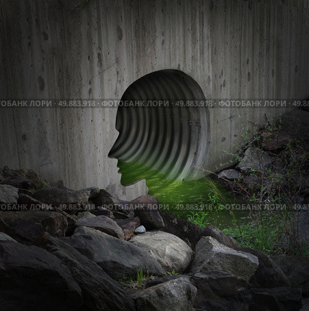 Polluted comunity and contaminated water concept as an exterior city tube shaped as a human head releasing toxic substances into the fragile environment as a symbol for illegal  industrial waste dump and environmental dangers. Стоковое фото, агентство Ingram Publishing / Фотобанк Лори