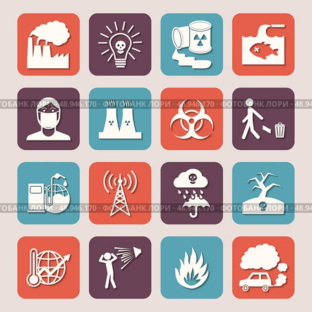 Pollution toxic environment damage radioactive garbage and contamination silhouette icons isolated vector illustration. Стоковая иллюстрация, агентство Ingram Publishing / Фотобанк Лори