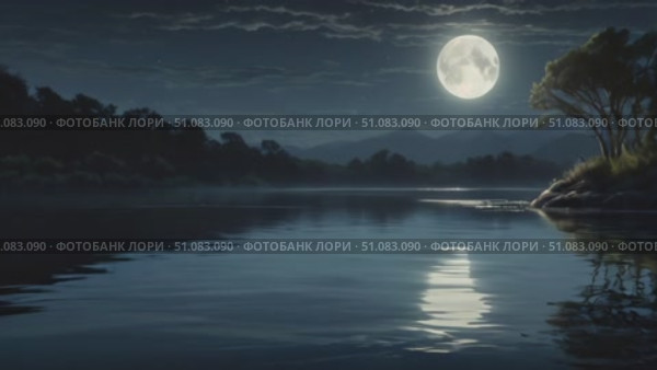 Полная луна над тихим озером, мирное, отражающее лунный свет, на фоне темного силуэта пейзажа. Стоковое AI-видео, аниматор Наталия Дидковская / Фотобанк Лори