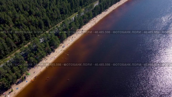 Полоска песчаного пляжа с отдыхающими людьми на озере Сямозеро в Карелии вдоль дороги среди хвойного леса. Летний водный пейзаж вид сверху в движении вперед со снижением (2023 год). Редакционное видео, видеограф Sergei Gorin / Фотобанк Лори