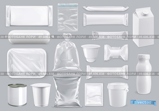 Polyethylene and polystyrene packaging for food, 3d realistic vector set mockup. Стоковая иллюстрация, агентство Ingram Publishing / Фотобанк Лори