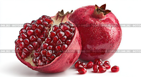 Pomegranates. Pomegranate isolated on a white transparent background. Juicy garnet fruit whole and its half with leaves and details. Piece of pomegranate with seeds. Side view. Freshness and abundance. Стоковое AI-изображение, AI-художник Марина Демидюк / Фотобанк Лори