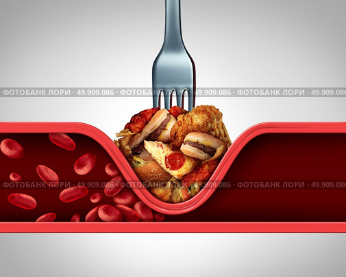 Poor circulation food and cause of clogged artery or human vein as a fork with greasy fast food causing narrowing of arteries blocking blood flow to the human heart and organs with 3D illustration elements. Стоковое фото, агентство Ingram Publishing / Фотобанк Лори