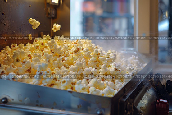 Popcorn machine popping delicious kernels into a metal tray. Стоковое AI-изображение, AI-художник Иван Рябоконь / Фотобанк Лори