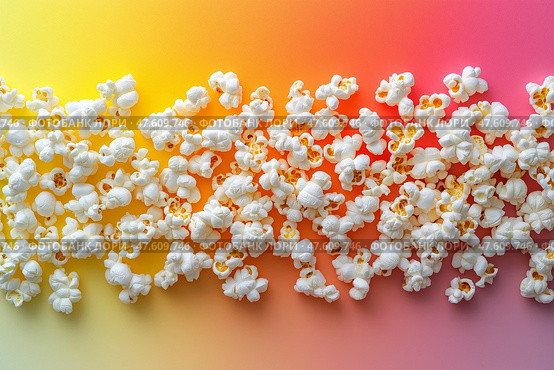 Popcorn scattered in an abstract gradient layout on a vibrant background. Попкорн рассыпанный в абстрактном градиентном макете на ярком фоне. Стоковое AI-изображение, AI-художник Katsiaryna Repich / Фотобанк Лори