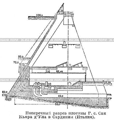Поперечный разрез плотины гидроэлектрической станции Сан Кьяра дУла в Сардинии. Италия. Стоковая иллюстрация, иллюстратор Макаров Алексей / Фотобанк Лори