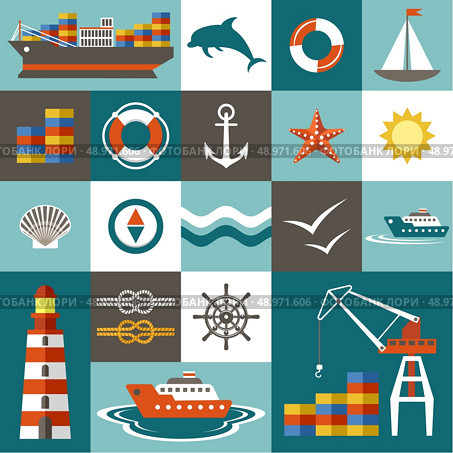 Port set in the style of a flat design. Vector illustration. Стоковая иллюстрация, агентство Ingram Publishing / Фотобанк Лори