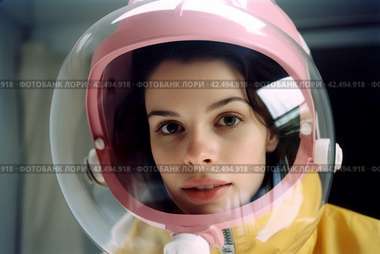 Portrait front view of woman in astronaut suit. Generate ai. Стоковое AI-изображение, AI-художник Иван Рябоконь / Фотобанк Лори