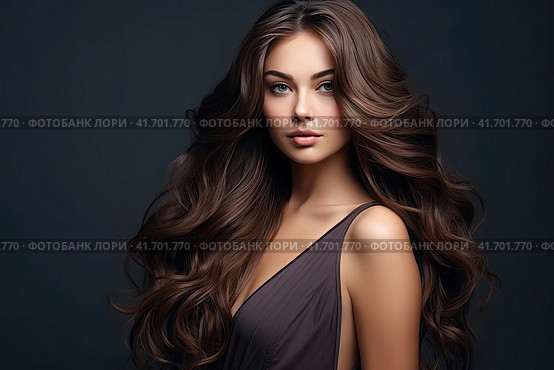 Portrait of a beautiful brunette with long wavy hair on a dark background. Generated by AI. Стоковое AI-изображение, AI-художник Ярославский Максим / Фотобанк Лори