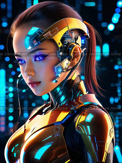 Portrait of a beautiful girl in futuristic clothes. Стоковое AI-изображение, AI-художник Ульянов Александр / Фотобанк Лори