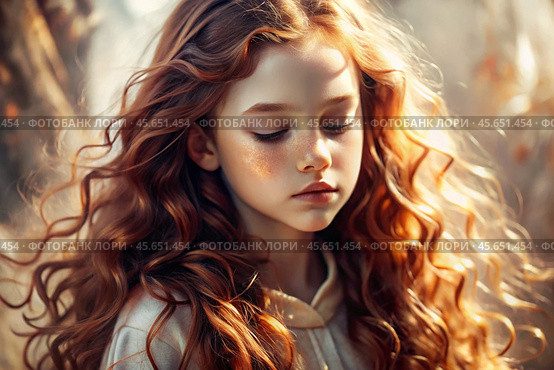 Portrait of a beautiful little red-haired girl with long wavy hair and a thoughtful look. The hair develops and creates a feeling of lightness and naturalness. Стоковое AI-изображение, AI-художник Photojuli / Фотобанк Лори