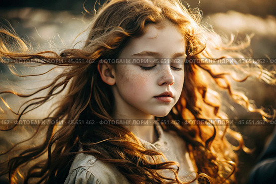 Portrait of a beautiful little red-haired girl with long wavy hair and a thoughtful look. The hair develops and creates a feeling of lightness and naturalness. Стоковое AI-изображение, AI-художник Photojuli / Фотобанк Лори
