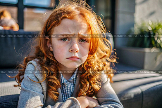 Portrait of a beautiful, unhappy, sad young red-haired teenage girl. Problems, parenting of teenagers. Стоковое AI-изображение, AI-художник Photojuli / Фотобанк Лори