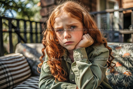 Portrait of a beautiful, unhappy, sad young red-haired teenage girl. Problems, parenting of teenagers. Стоковое AI-изображение, AI-художник Photojuli / Фотобанк Лори
