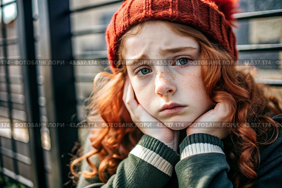 Portrait of a beautiful, unhappy, sad young red-haired teenage girl. Problems, parenting of teenagers. Стоковое AI-изображение, AI-художник Photojuli / Фотобанк Лори