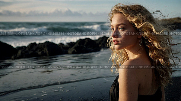 Portrait of a beautiful woman on a beach with black sand against the background of the sea. Romantic, calm and sensual photo of a girl in a delicate black dress. Стоковое AI-изображение, AI-художник Photojuli / Фотобанк Лори