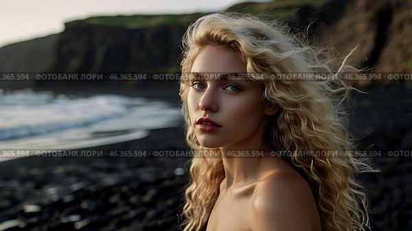 Portrait of a beautiful woman on a beach with black sand against the background of the sea. Romantic, calm and sensual photo of a girl in a delicate black dress. Стоковое AI-изображение, AI-художник Photojuli / Фотобанк Лори
