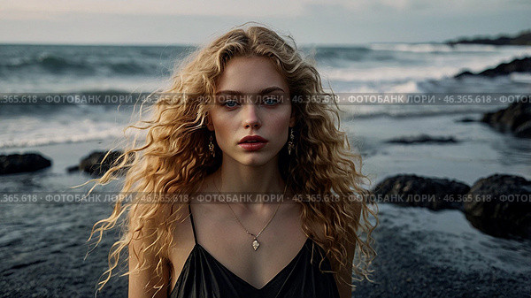 Portrait of a beautiful woman on a beach with black sand against the background of the sea. Romantic, calm and sensual photo of a girl in a delicate black dress. Стоковое AI-изображение, AI-художник Photojuli / Фотобанк Лори