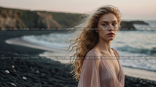 Portrait of a beautiful woman on a beach with black sand against the background of the sea. Romantic, calm and sensual photo of a girl in a delicate dress. Стоковое AI-изображение, AI-художник Photojuli / Фотобанк Лори