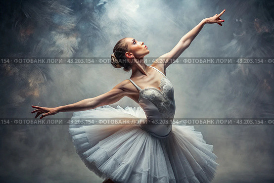 Portrait of a beautiful young ballerina . The radiance of Russian ballet, a ballerina in a tutu performs on stage. Стоковое AI-изображение, AI-художник Photojuli / Фотобанк Лори