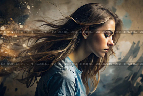 Portrait of a beautiful, young girl with a thoughtful look. The hair develops and creates a feeling of lightness and naturalness. Стоковое AI-изображение, AI-художник Photojuli / Фотобанк Лори