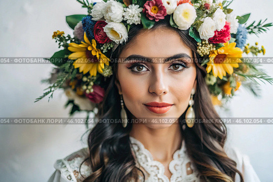 Portrait of a beautiful young woman in close-up with a floral tiara or a wreath on her head on a white background. Spanish culture, Latin American heritage. Стоковое AI-изображение, AI-художник Photojuli / Фотобанк Лори