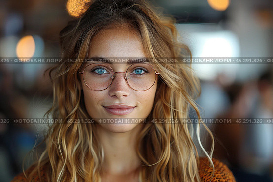 Portrait of a beautiful young woman with glasses, wavy hair and blue eyes in casual clothes smiling at the camera while standing against blurred background of modern cafe interior. Cope space. Banner. Стоковое AI-изображение, AI-художник Евгений Демидюк / Фотобанк Лори