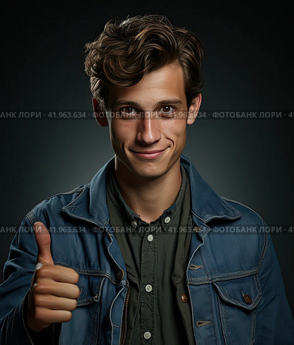 Portrait of a confident young man giving a thumbs up on a dark background. The concept of luck. Generated by AI. Стоковое AI-изображение, AI-художник Ярославский Максим / Фотобанк Лори