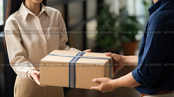 Portrait of a courier who smiles and hands the parcel to the recipient. Generated by AI. Стоковое AI-изображение, AI-художник Ярославский Максим / Фотобанк Лори