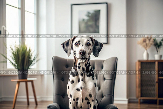 Portrait of a cute joyful Dalmatian dog. A banner with the image of a pet dog in the interior of a white and black living room. Стоковое AI-изображение, AI-художник Photojuli / Фотобанк Лори