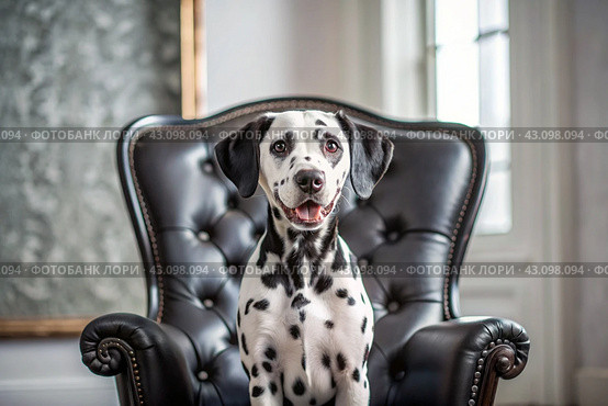 Portrait of a cute joyful Dalmatian dog. A banner with the image of a pet dog in the interior of a white and black living room. Стоковое AI-изображение, AI-художник Photojuli / Фотобанк Лори