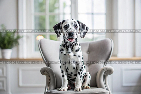Portrait of a cute joyful Dalmatian dog. A banner with the image of a pet dog in the interior of a white and black living room. Стоковое AI-изображение, AI-художник Photojuli / Фотобанк Лори