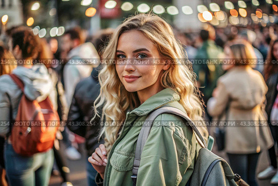 Portrait of a happy beautiful traveler with a backpack in the city on the background of a beautiful bokeh. Traveling alone, a lifestyle. A young tourist is enjoying his vacation. Стоковое AI-изображение, AI-художник Photojuli / Фотобанк Лори