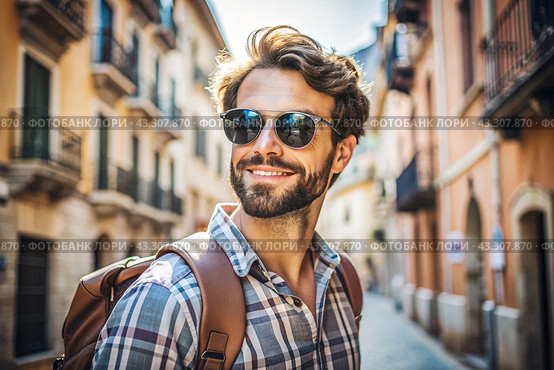 Portrait of a happy handsome hipster traveler with a backpack and sunglasses. Solo travel, lifestyle. A young tourist enjoys a vacation on a sunny day. Стоковое AI-изображение, AI-художник Photojuli / Фотобанк Лори