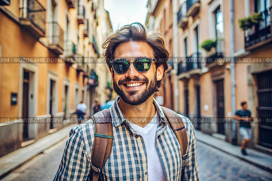 Portrait of a happy handsome hipster traveler with a backpack and sunglasses. Solo travel, lifestyle. A young tourist enjoys a vacation on a sunny day. Стоковое AI-изображение, AI-художник Photojuli / Фотобанк Лори