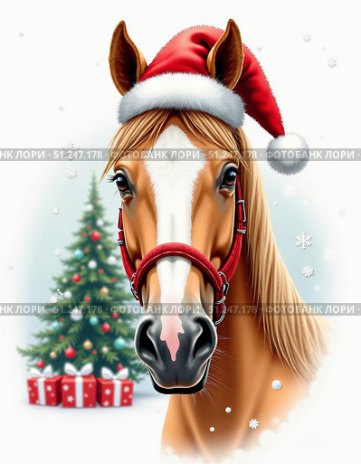 Portrait of a horse wearing a Santa Claus hat on a snowy background. Christmas tree and gift boxes in the background. AI generative. Стоковое AI-изображение, AI-художник Роман Дзюбало / Фотобанк Лори