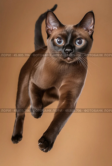 Portrait of a jumping Burmese cat on a brown background. Стоковое AI-изображение, AI-художник ArtVladZ / Фотобанк Лори