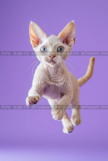 Portrait of a jumping Devon Rex cat on a purple background. Стоковое AI-изображение, AI-художник ArtVladZ / Фотобанк Лори