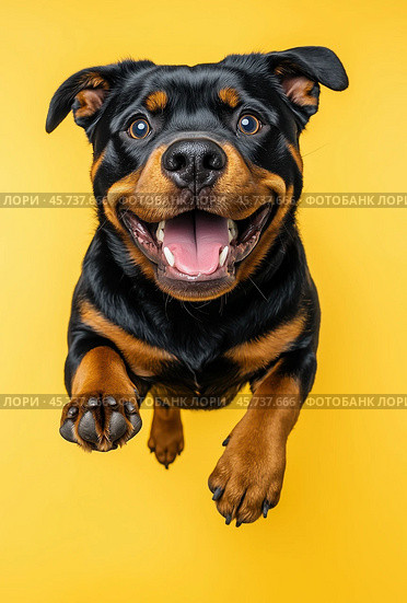 Portrait of a jumping Rottweiler dog on a yellow background. Стоковое AI-изображение, AI-художник ArtVladZ / Фотобанк Лори
