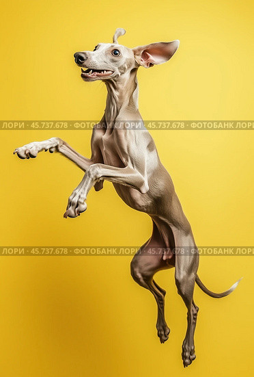 Portrait of a jumping Russian greyhound dog on a yellow background. Стоковое AI-изображение, AI-художник ArtVladZ / Фотобанк Лори