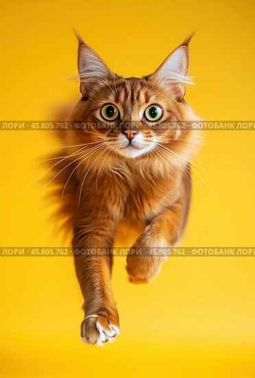 Portrait of a jumping Somali cat on a yellow background. Стоковое AI-изображение, AI-художник ArtVladZ / Фотобанк Лори