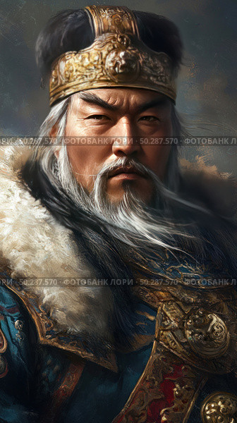 Portrait of a majestic ruler in traditional oriental armor with fur trim. The man with gray hair and beard, in a rich golden headdress, radiates strength, confidence and authority. His piercing gaze and determined expression emphasize the image of a great warrior or emperor. The picture is made in the style of digital painting with a high level of detail, suitable for the themes of history, culture and fantasy. Стоковое AI-изображение, AI-художник Анна Кривицкая / Фотобанк Лори
