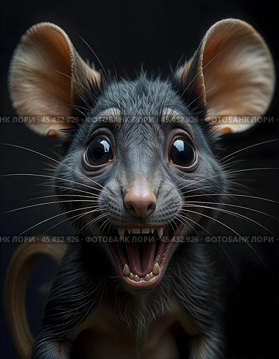 Portrait of a mouse with its mouth open. Стоковое AI-изображение, AI-художник RamA / Фотобанк Лори
