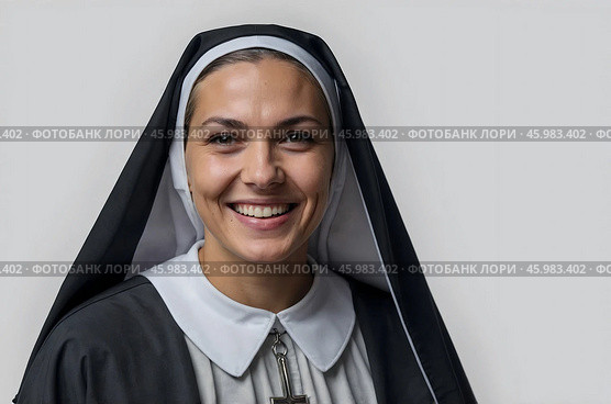 Portrait of a smiling nun wearing a costume, isolated on transparent background. Стоковое AI-изображение, AI-художник Александр Поташев / Фотобанк Лори