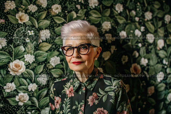 Portrait of a stylish, fashionable elderly woman, a pensioner of 70 years old, wearing glasses and clothes with floral prints. The concept of the elderly. Стоковое AI-изображение, AI-художник Photojuli / Фотобанк Лори