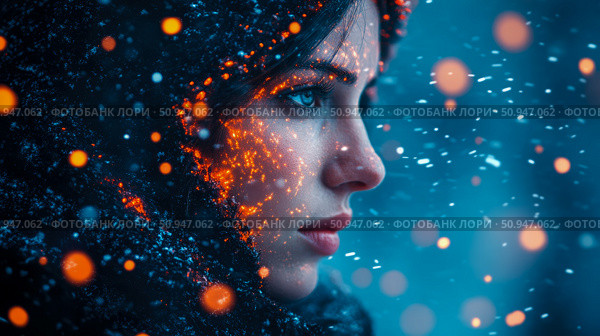 Portrait of a woman in a hooded cloak with shimmering lights, conveying a mystical aura. Стоковое AI-изображение, AI-художник Данила Большаков / Фотобанк Лори