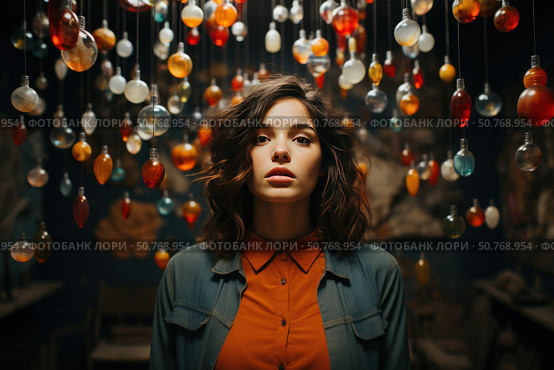 Portrait of a young woman with dark wavy hair, wearing an orange shirt and a denim jacket. In the background, there are many multi-colored drop-shaped pendant lights, creating a warm atmosphere. The woman looks straight into the camera with a slight thoughtfulness. The lighting emphasizes her facial features, creating a deep and expressive image. Стоковое AI-изображение, AI-художник Анна Кривицкая / Фотобанк Лори