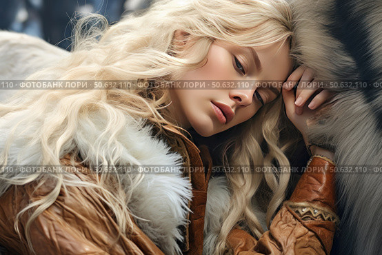 Portrait of a young woman with long blond hair in winter clothes, executed in a soft, aesthetic manner. The girl lies, leaning on a fur pillow, with a thoughtful and calm expression on her face. Her skin glows with soft natural light, and a warm leather jacket with fur trim adds coziness and style. The atmosphere of the frame conveys warmth, luxury and slight melancholy. Ideal for the themes of fashion, winter style, coziness and femininity. Стоковое AI-изображение, AI-художник Анна Кривицкая / Фотобанк Лори